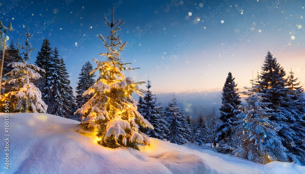 Fototapeta premium Christmas background. Xmas tree with snow decorated with garland lights, holiday festive background. Widescreen frame backdrop. New year Winter art design, Christmas scene wide screen holiday border