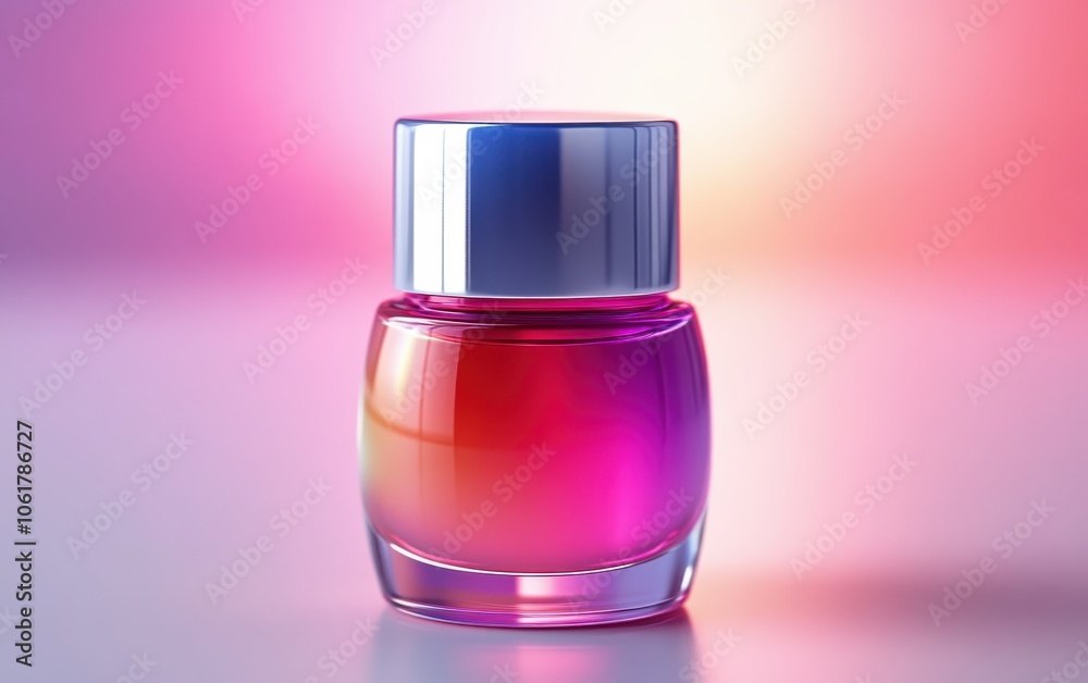 A modern glass bottle filled with a vibrant gradient liquid, showcasing a blend of pink and orange hues, ideal for beauty products or cosmetics. Perfect for advertising. A modern glass bottle filled with a vibrant gradient liquid, showcasing a blend of pink and orange hues, ideal for beauty products or cosmetics. Perfect for advertising.