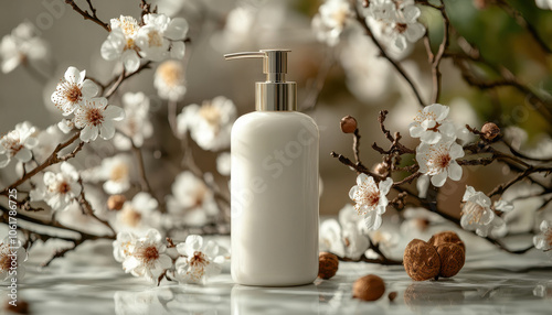 A minimalist white bottle of lotion surrounded by delicate spring blossoms, reflecting a serene and natural beauty in a softly lit setting.