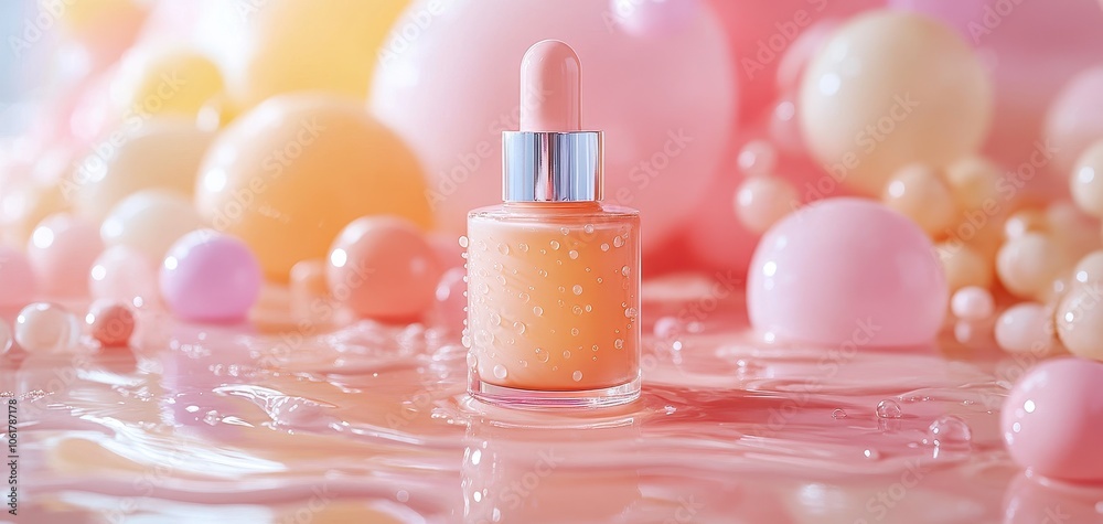 A stylish cosmetic dropper bottle with a peach-colored serum, surrounded by soft pastel bubbles, creating a fresh and dreamy aesthetic, perfect for beauty and skincare products.