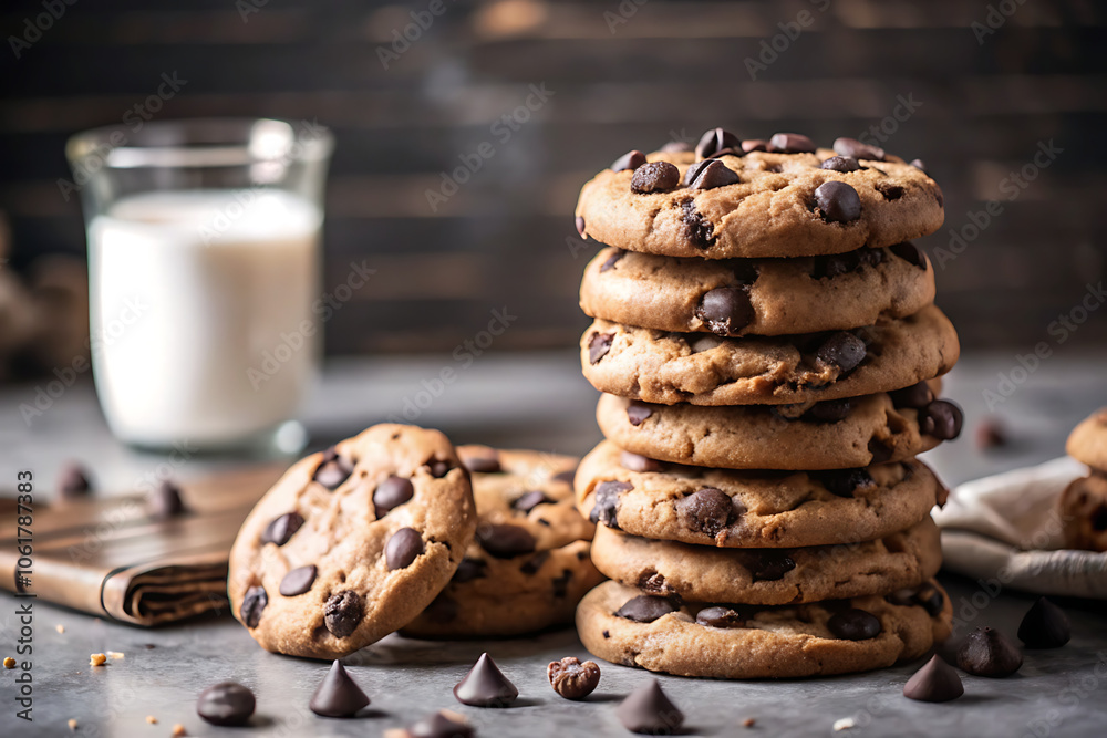 A stack of warm, chocolate chip cookies, a glass of milk, and scattered chocolate chips sit on a gray surface. The cookies are freshly baked and the milk is steaming. A stack of warm, chocolate chip cookies, a glass of milk, and scattered chocolate chips sit on a gray surface. The cookies are freshly baked and the milk is steaming.