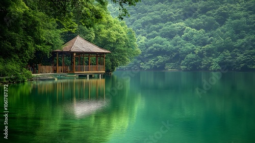 The green saline lake and beach pavilion, natural lake background.