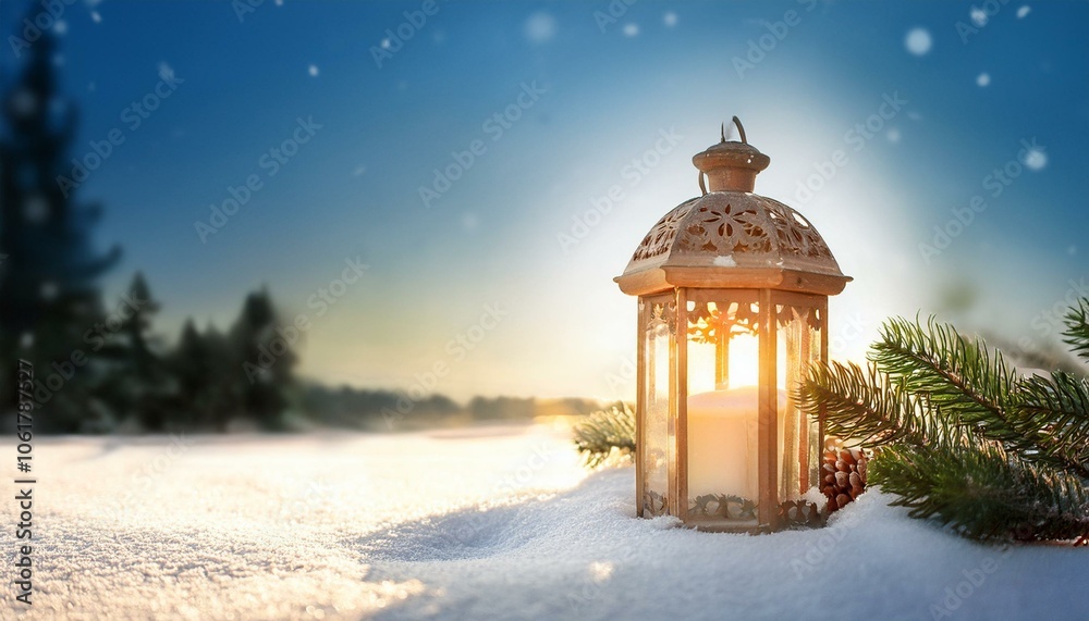 Christmas Lantern On Snow With Fir Branch in the Sunlight. Winter Decoration Background Christmas Lantern On Snow With Fir Branch in the Sunlight. Winter Decoration Background
