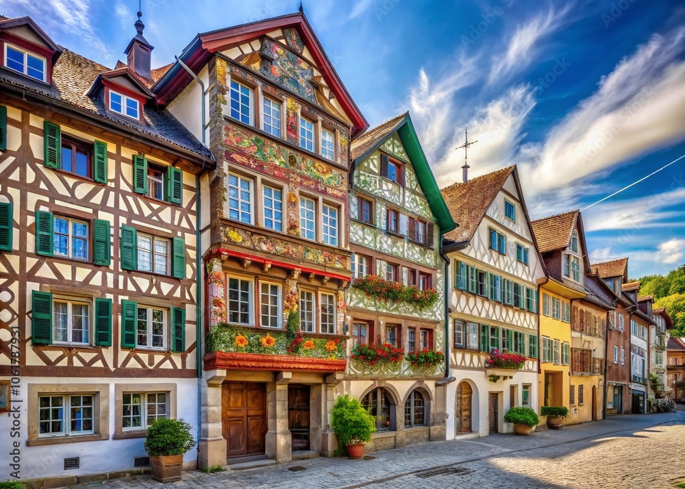Obraz premium Historical Tenement House in Stein am Rhein, Switzerland - Charming Facade Paintings and Half-Timbered Architecture in the Old Town