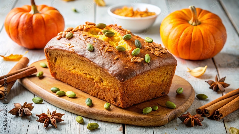 Homemade Pumpkin Loaf Cake on White Background - A Delicious Fall Treat, Perfect for Thanksgiving and Autumn Celebrations, Showcasing Warm Colors and Textures for Food Photography Homemade Pumpkin Loaf Cake on White Background - A Delicious Fall Treat, Perfect for Thanksgiving and Autumn Celebrations, Showcasing Warm Colors and Textures for Food Photography