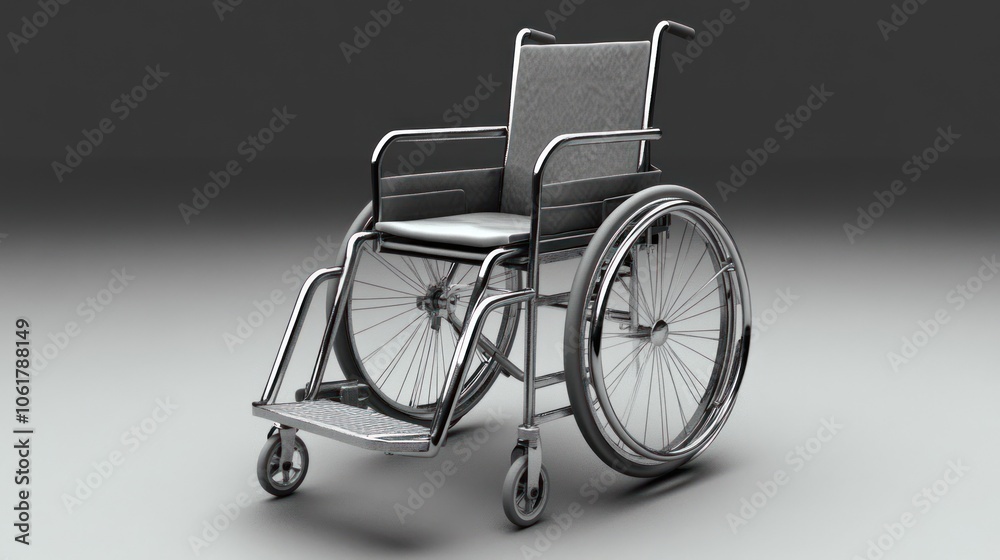 A silver wheelchair with black wheels and a gray fabric seat is isolated on a gray background. A silver wheelchair with black wheels and a gray fabric seat is isolated on a gray background.