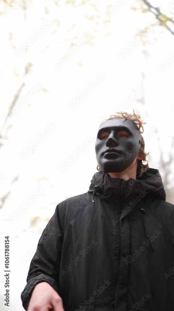 A mysterious figure in a black jacket and dark mask stands in a foggy forest, creating an eerie and suspenseful atmosphere. The bare trees and muted background add to the unsettling mood. Vertical vid A mysterious figure in a black jacket and dark mask stands in a foggy forest, creating an eerie and suspenseful atmosphere. The bare trees and muted background add to the unsettling mood. Vertical vid