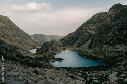 Mountain lakes in Posets Maladeta national park, Vielha valley in Spanish Pyrenees, GR11 hiking trail, Europe