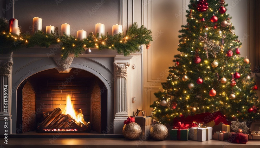 Christmas Tree with Decorations Near a Fireplace with Lights Christmas Tree with Decorations Near a Fireplace with Lights