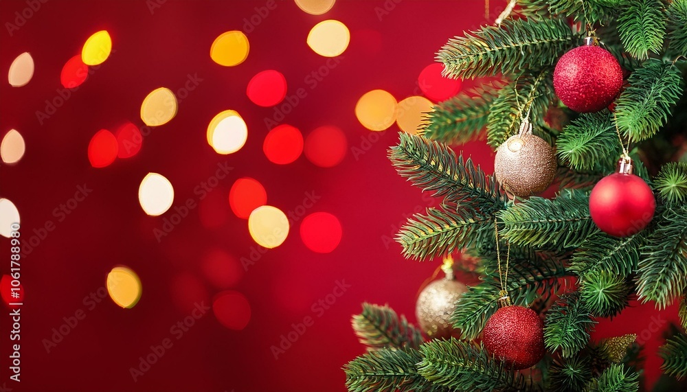 Christmas Tree With Ornament And Bokeh Lights In Red Background Christmas Tree With Ornament And Bokeh Lights In Red Background