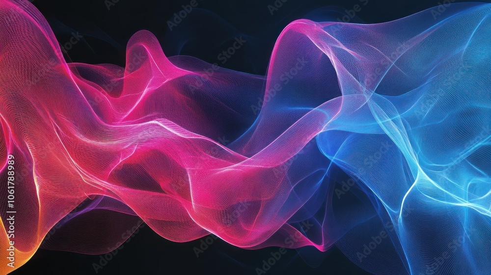Abstract wavy lines of pink, blue, and orange flowing on a black background. Abstract wavy lines of pink, blue, and orange flowing on a black background.