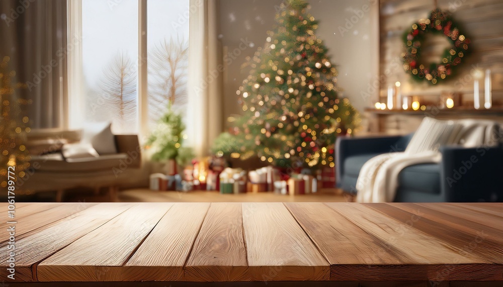 Empty woooden table top with abstract warm living room decor with christmas tree string light blur background with snow,Holiday backdrop,Mock up banner for display of advertise product Empty woooden table top with abstract warm living room decor with christmas tree string light blur background with snow,Holiday backdrop,Mock up banner for display of advertise product