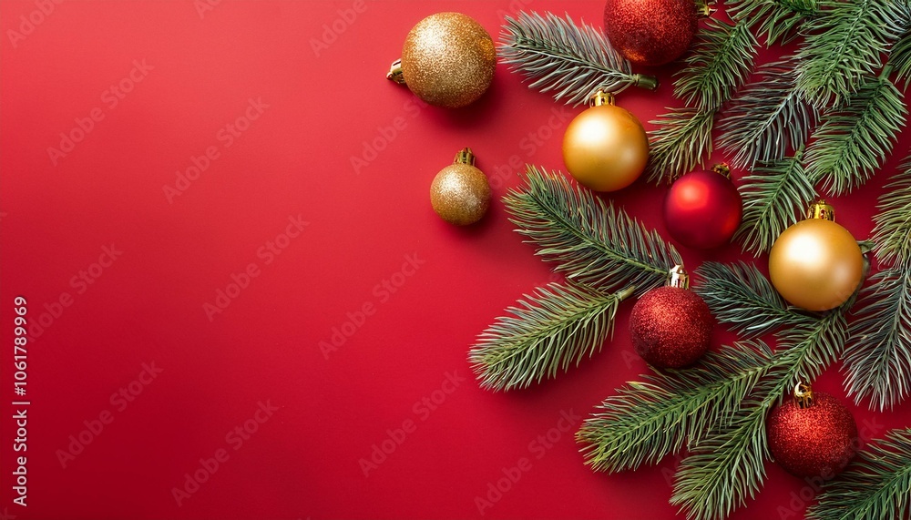 Fototapeta premium flat lay with pine tree branches with red and golden christmas balls isolated on red