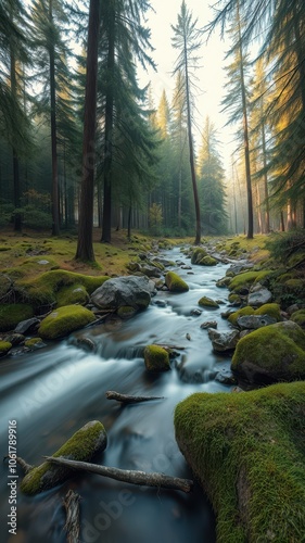 A stream flows through a dense forest on a misty morning, sunlight filtering through the trees photo