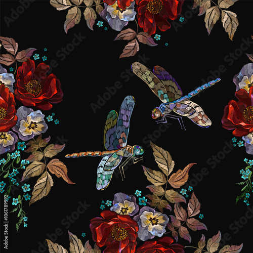 Embroidery violet flowers,  dragonflies, meadow herbs and red roses. Floral seamless pattern. Fashion template for clothes, textiles. Summer garden art. Botanical illustration