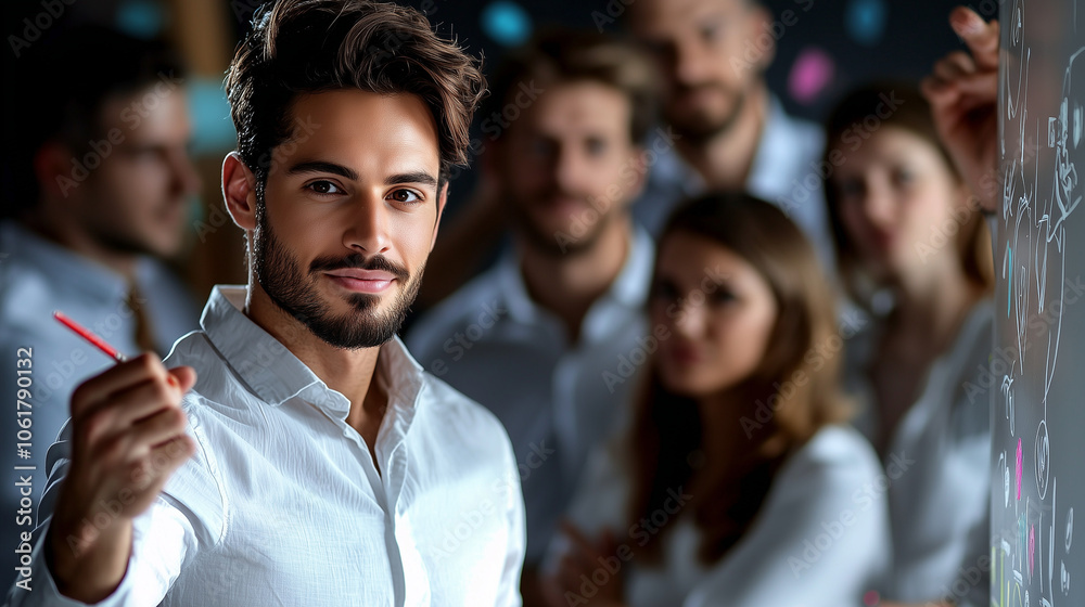 Obraz premium Young Professional Presenting Ideas on Whiteboard with Team Watching