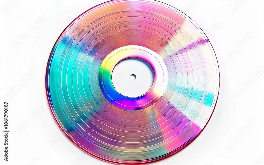 Reflective holographic round CD isolated on white background. Y2K millenium 2000s era, retro futurism, nostalgic past, reminiscence, yearning, surrealism, optical illusion, hologram, unreal, ethereal. Reflective holographic round CD isolated on white background. Y2K millenium 2000s era, retro futurism, nostalgic past, reminiscence, yearning, surrealism, optical illusion, hologram, unreal, ethereal.