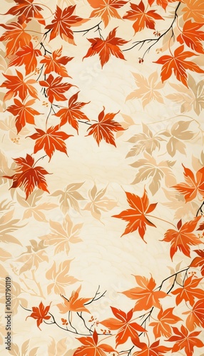 Intricate ukiyo e inspired design of maple leaves and water chestnut vines in warm tones