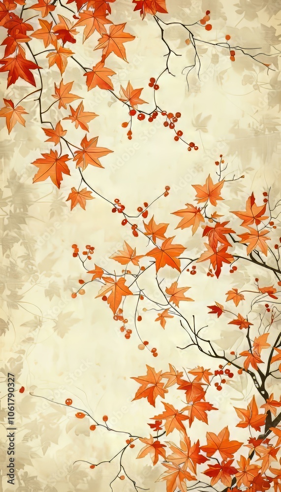 Intricate ukiyo e design of maple leaves and water chestnut vines in warm autumnal tones Intricate ukiyo e design of maple leaves and water chestnut vines in warm autumnal tones