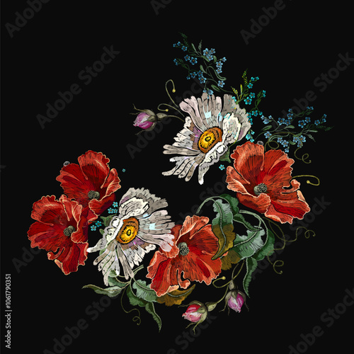 Blue meadow herbs, red roses and white chamomile flowers. Embroidery art style. Fashion summer floral template for clothes, t-shirt design