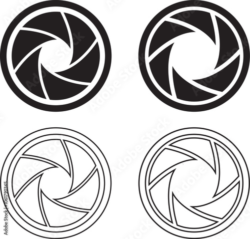 Camera lens diaphragm collection.Aperture icon set.Vector black camera