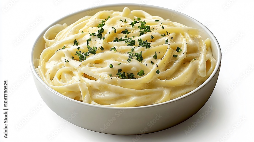 Creamy Alfredo Pasta with Parsley Garnish in White Bowl Creamy Alfredo Pasta with Parsley Garnish in White Bowl