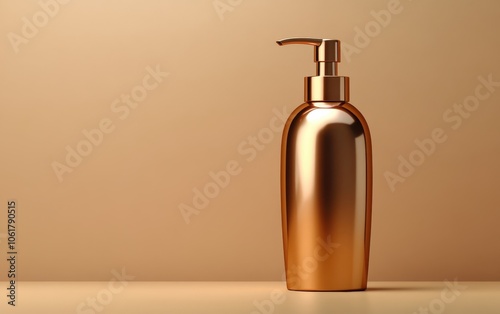 Elegant golden cosmetic pump bottle on a smooth, minimalist background, showcasing beauty and sophistication for skincare or personal care branding.