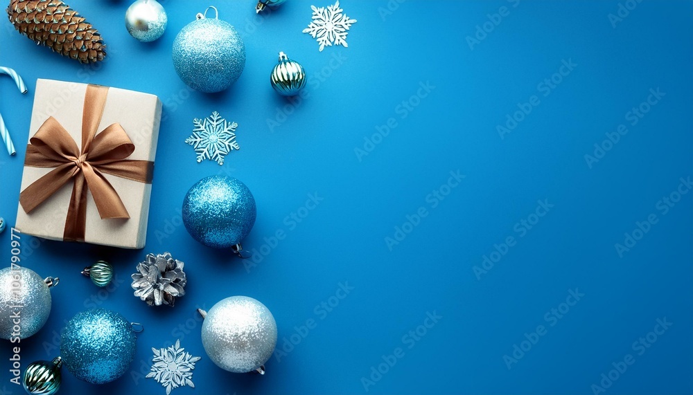 Merry Christmas and Happy Holidays greeting card, frame, banner. New Year. Noel. Christmas ornaments and gift on blue background top view. Winter xmas holiday theme. Flat lay Merry Christmas and Happy Holidays greeting card, frame, banner. New Year. Noel. Christmas ornaments and gift on blue background top view. Winter xmas holiday theme. Flat lay