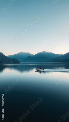 A single boat speeds across a calm lake at dawn, with mountains in the background