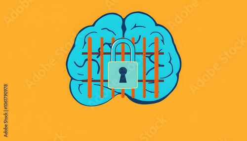 Closed minded illustration. Bars and a lock inside of a persons brain. Human head flat outline icon isolated with white highlights, png photo