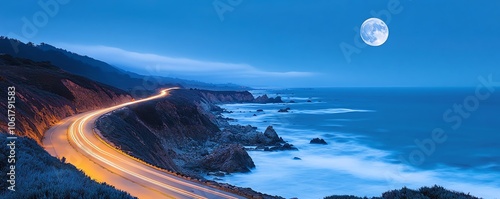 4 A coastal highway glowing under the ethereal light of the moon, waves shimmering softly, symbolizing the passion to explore new horizons along a roadmap of discovery photo