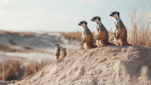 group of meerkats standing alert on sandy mound, observing their surroundings with curiosity and vigilance. Their unique posture and social behavior highlight their natural habitat