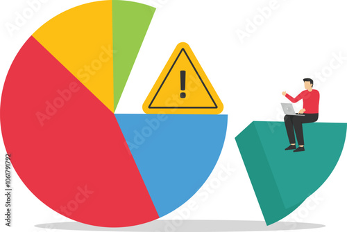 Working on 20 percent pie chart with exclamation attention sign on 80 part. Incident management, root cause analysis. Pareto principle. Modern vector illustration in flat style