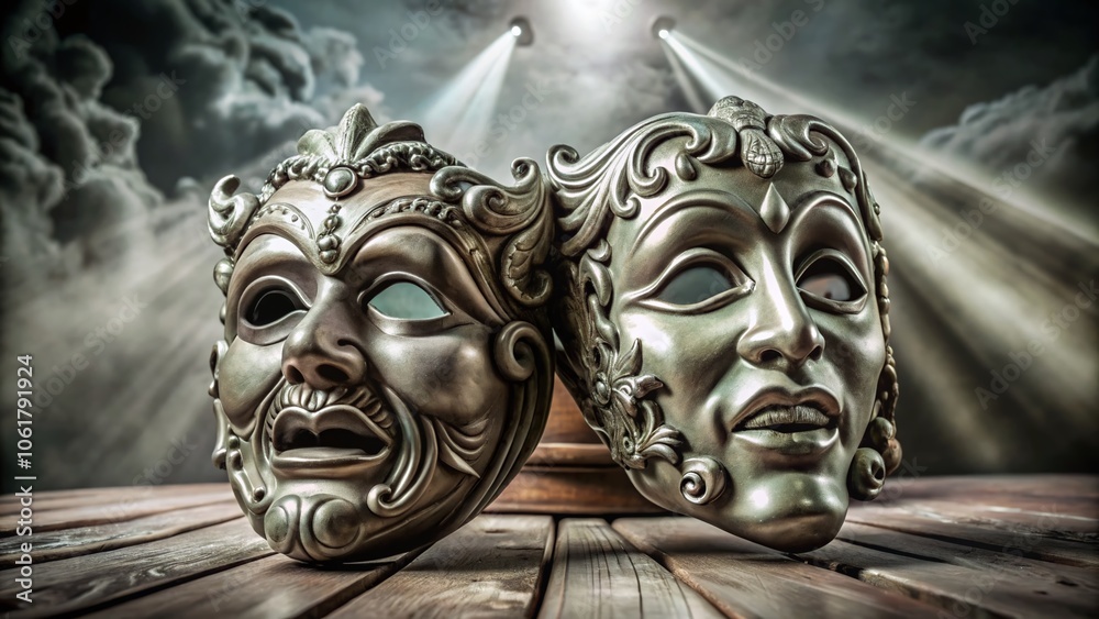 Low Light Photography of Theatre Masks in Drama and Comedy, Vector Illustration for Artistic Expression and Theatrical Themes Low Light Photography of Theatre Masks in Drama and Comedy, Vector Illustration for Artistic Expression and Theatrical Themes