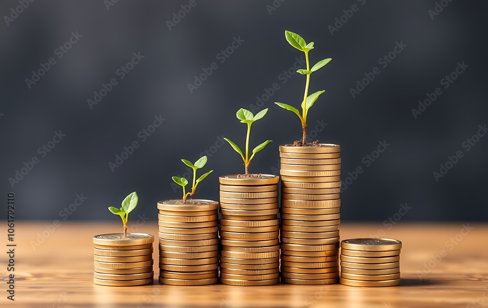 Conceptual Growth and Success Strategy for 2025 ,An inspiring concept image of plant shoots growing from ascending coin stacks, labeled with the stages of goal, plan, and action leading to success Conceptual Growth and Success Strategy for 2025 ,An inspiring concept image of plant shoots growing from ascending coin stacks, labeled with the stages of goal, plan, and action leading to success