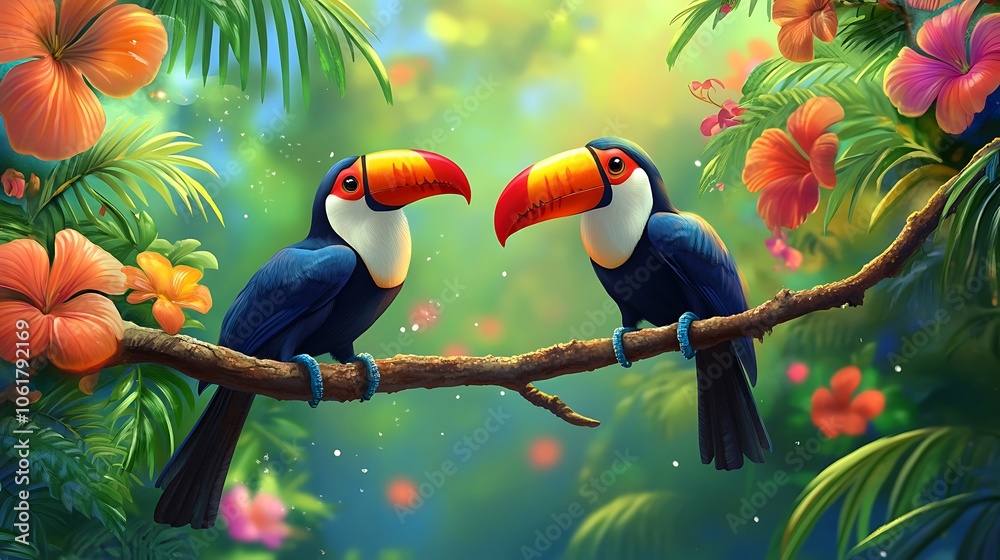 Obraz premium A pair of toucans perched on a vibrant tropical branch, their colorful beaks contrasting with the lush foliage 