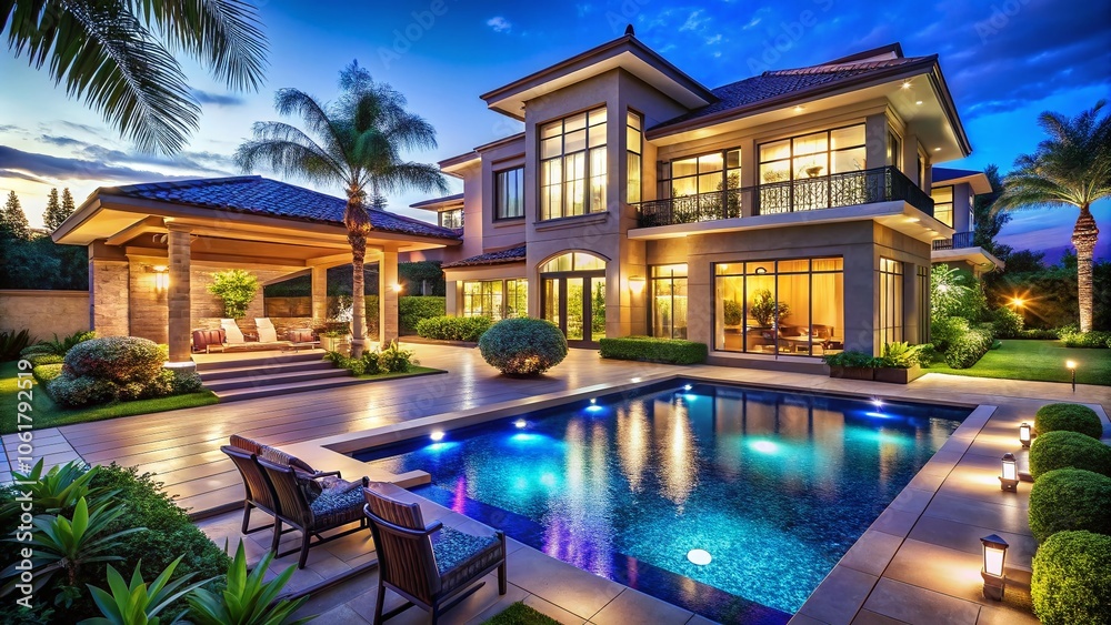 Luxurious Mansion with Pool and Landscaped Garden at Night - Elegant Illumination and Serene Atmosphere for Dream Home Inspiration Luxurious Mansion with Pool and Landscaped Garden at Night - Elegant Illumination and Serene Atmosphere for Dream Home Inspiration