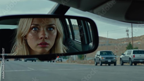 Rear Mirror Of A Car With A Blonde Woman Reflection - generative ai, üretken yapay zeka