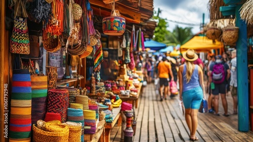 A bustling marketplace with colorful woven goods and a crowd of shoppers.