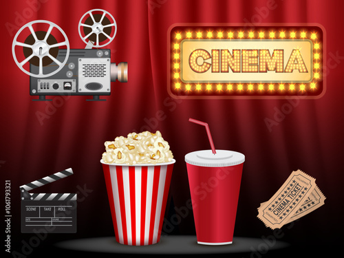 Realistic popcorn on stage with red curtains, popcorn concept in cinema and entertainment in cinema. 3D popcorn for Poster design, advertisement, web banner, billboard and etc.