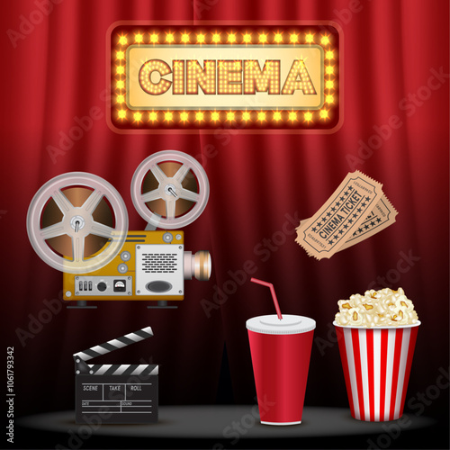 Realistic popcorn on stage with red curtains, popcorn concept in cinema and entertainment in cinema. 3D popcorn for Poster design, advertisement, web banner, billboard and etc.