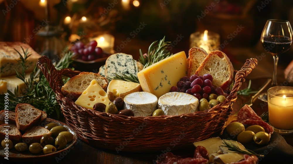 An elegant cheese basket filled with assorted cheeses, bread, and fruit arranged beautifully for a gathering at twilight