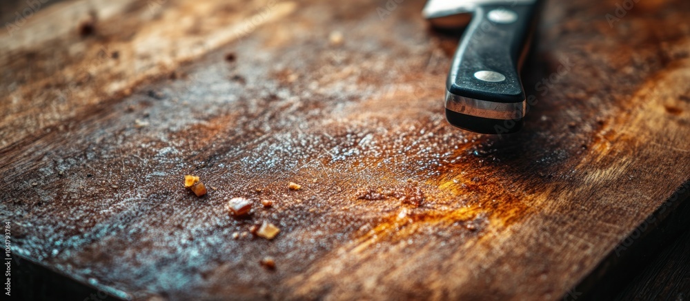 Close up of a knife on a wooden cutting board. Close up of a knife on a wooden cutting board.