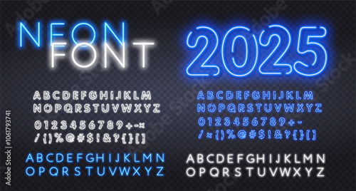 Vector neon Greeting Card Happy New Year 2025 Blue Glowing Font. Bright Electric Artistic Alphabet Letters and Numbers set.