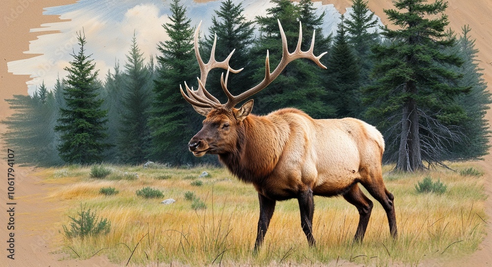 Fototapeta premium Elk with antlers in a forest hand drawing