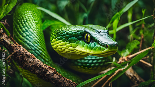 A green snake is curled up on a branch