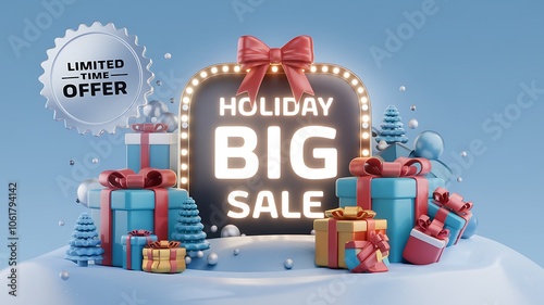Holiday Big Sale Sign with Gifts and Snowflakes