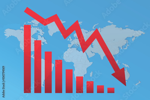 Red arrow going down on a blue world map. Stock, bankruptcy, financial market crash concept for your web site design, logo, app, UI. graph chart down trend symbol. Chart going down sign. Global crisis