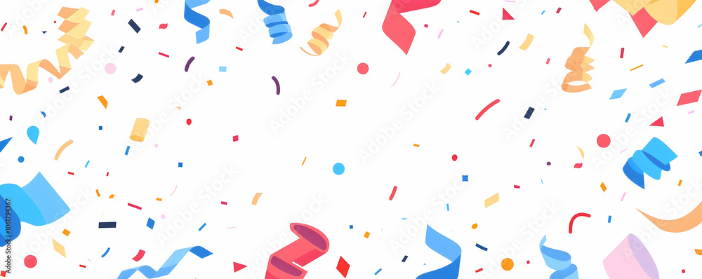 Obraz premium Festive confetti background with colorful ribbons and party streamers, vector illustration isolated on a white background