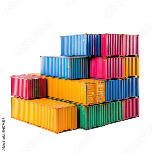 Cargo ship stacks colorful shipping containers against white background